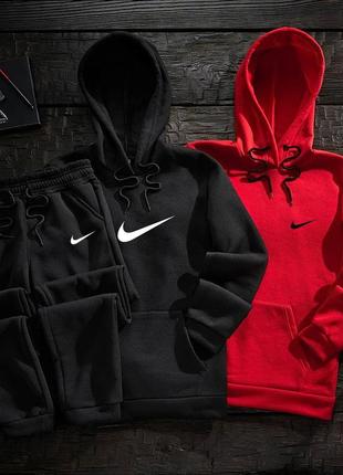 Зимовий чоловічий спортивний костюм nike набір 3в1 худі + худі + штани чорний з помаранчевим з капюшоном (b)3 фото