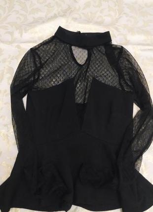 Нарядная черная блузка из сетки с узором3 фото