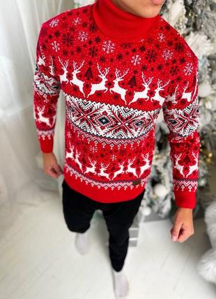 Чоловічий теплий новорічний светр з оленями червоний бордо білий джинс вовна туреччина