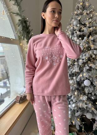 Розовая пижама из флиса кофта и штаны, флисовая теплая пижама, домашний костюм флис