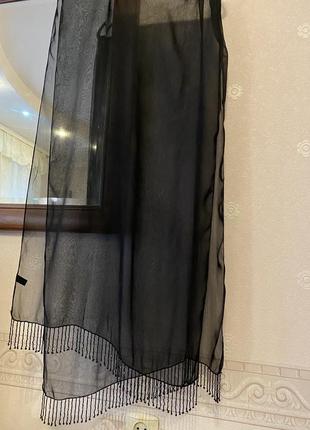 Прозрачный черный шарф из вискозы с бахромой из бисера