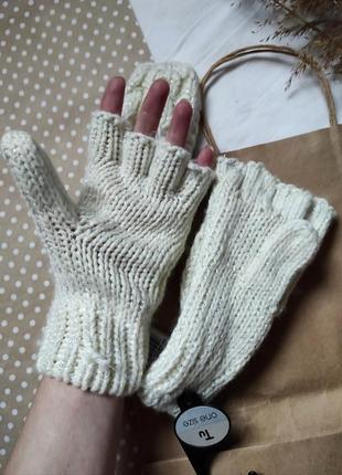 Перчатки трансформеры вязанные, белые перчатки женские "камбрия"5 фото
