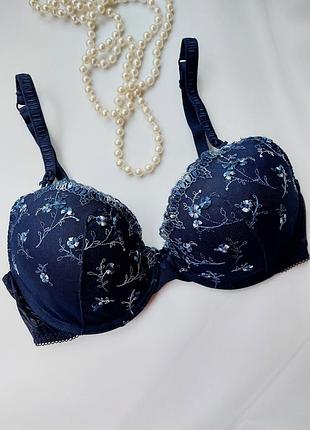 75d фирменный синий бюстгальтер с вышивкой без пуш ап marks&spenser
