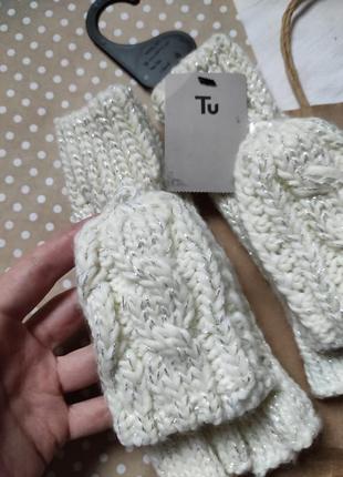 Перчатки трансформеры вязанные, белые перчатки женские "камбрия"4 фото