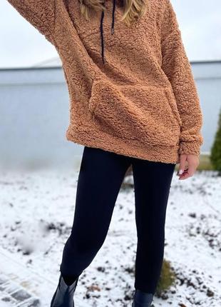 Теплий жіночий худі зимова кофта з капюшоном з хутра тедді чебурашка баранчик худі бежеве розмір 42-46 рудий2 фото
