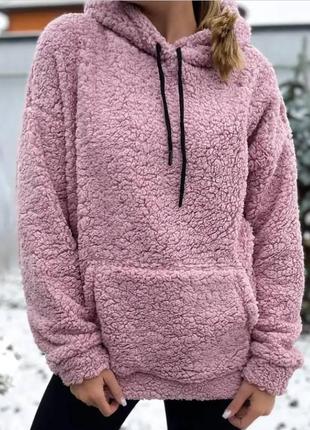 Теплий жіночий худі зимова кофта з капюшоном з хутра тедді чебурашка баранчик худі бежеве розмір 42-46 рудий3 фото