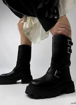 Високі чорні шкіряні черевики утеплені байкою демі 36 37 38 39 40 низькі чоботи труби