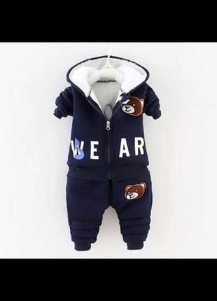 Костюм теплый двойка на меху меховушка в принт мишек  меховой спортивный