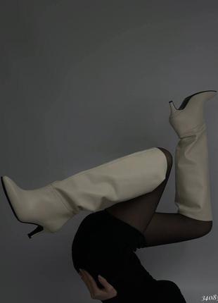 Бежеві чоботи труби на міні каблуку ⚜️ преміум шкіряні чоботи на підборах