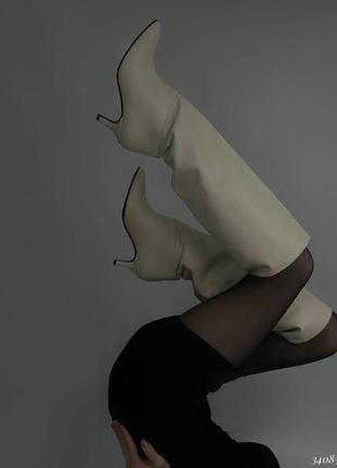 Бежеві чоботи труби на міні каблуку ⚜️ преміум шкіряні чоботи на підборах