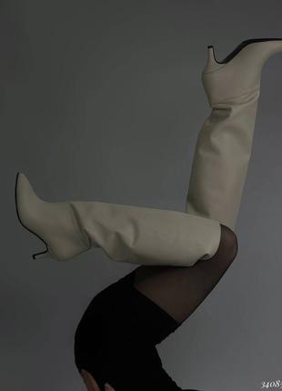 Бежеві чоботи труби на міні каблуку ⚜️ преміум шкіряні чоботи на підборах