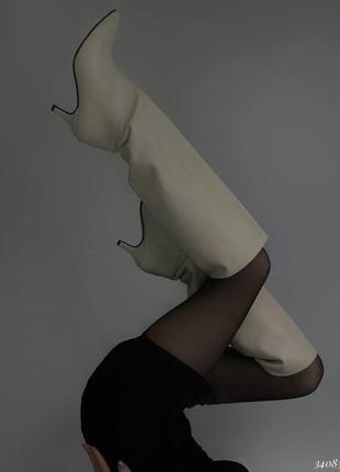 Бежеві чоботи труби на міні каблуку ⚜️ преміум шкіряні чоботи на підборах