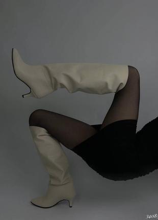 Бежеві чоботи труби на міні каблуку ⚜️ преміум шкіряні чоботи на підборах