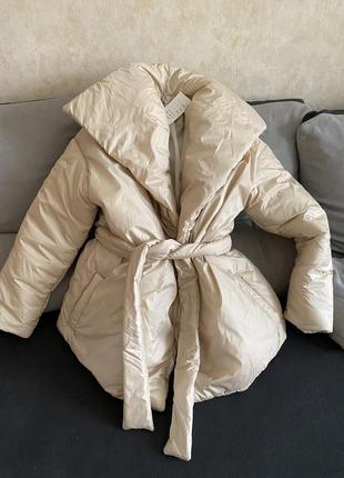 Куртка курточка на запах пояс бею бежева зимова тепла2 фото