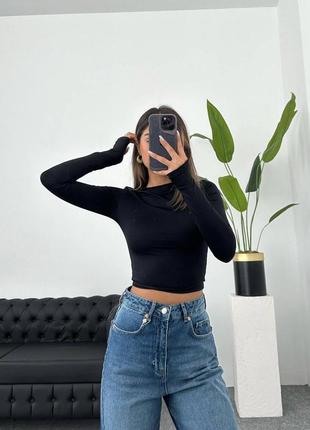 Жіночий топ з довгим рукавом, чорний укорочений лонгслів, однотонний топ