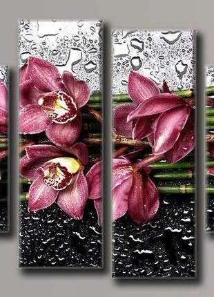 Модульна картина на полотні з 4-х частин "квіти на склі"