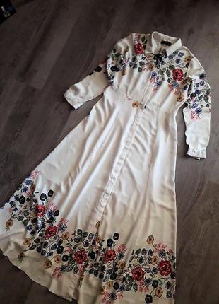 Кремова сукня сорочка в квітковий принт на гудзиках міді/максі2 фото