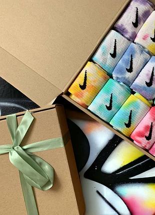 Набір комплект 15 пар, високих шкарпеток tie dye, nike , найк, різнокольорові, бокс, чоловічі, жіночі, подарунок на миколай, новий рік