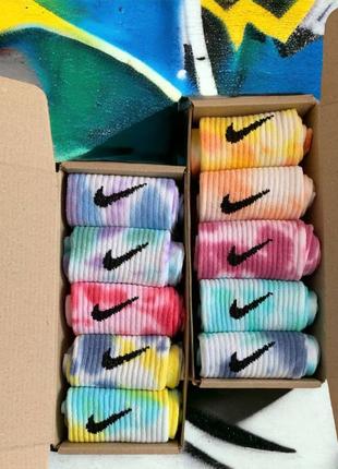 Набор комплект 5 пар, высоких носков tie dye, nike, найк, разноцветные, бокс, мужские, женские, подарок на мигай, новый год