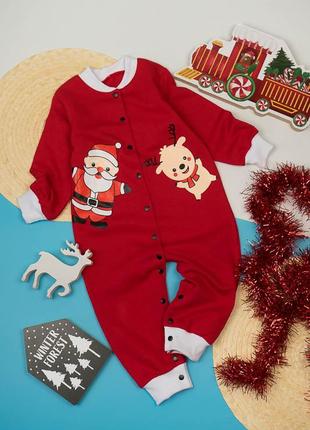 Новорічний червоний комбінезон ромпер чоловічок з оленем і дід мороз, санта клаус