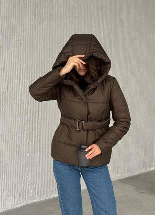 Куртка женская длинная короткая теплая осенняя зимняя демисезонная на осень зима черная бежевая коричневая с капюшоном стеганая базовая батал с поясом2 фото