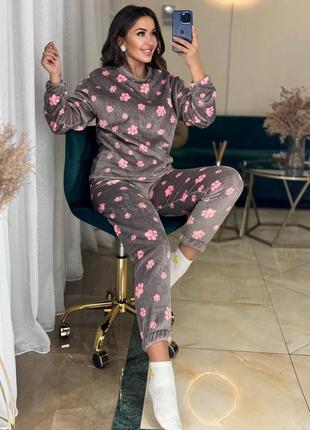 Теплая махровая пижама с принтом следы лапки с кофтой с брюками одежда для дома домашний костюм4 фото