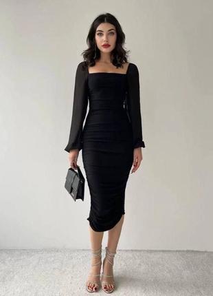 Сукня міді з об'ємними рукавами із сітки по фігурі плаття чорна бежева зі зборкою вечірня елегантна новорічна святкова