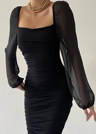 Платье миди с объемными рукавами из сетки по фигуре платье черная бежевая со сборкой вечерняя элегантная новогодняя праздничная10 фото