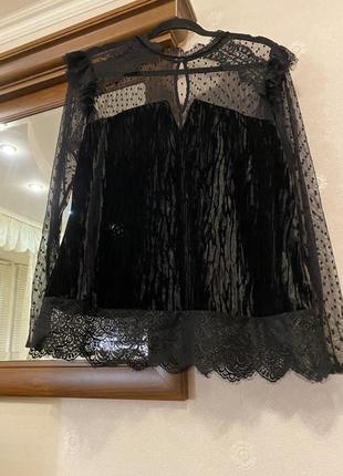 Вечірня нарядна блузка, чорна блузка з оксамитом і мереживом1 фото