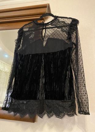 Вечірня нарядна блузка, чорна блузка з оксамитом і мереживом2 фото