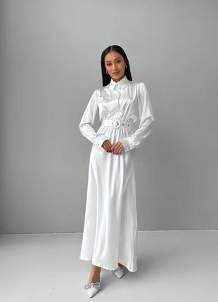 Платье - макси женское длинное, атласное, с длинным рукавом нарядное, вечернее на корпоратив, белое2 фото