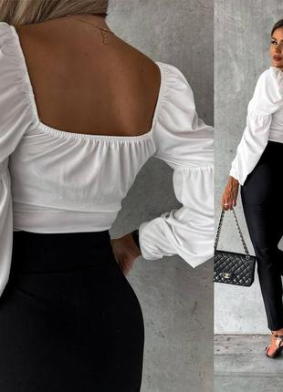 Боді з довгими об'ємними рукавами з відкритими плечима блузка із зав'язкою блуза стильна базова трендова чорна біла6 фото