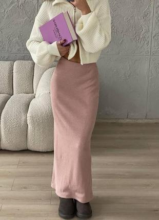 Довга спідниця з ангори в рубчик вільного крою юбка на резинці максі тепла стильна базова чорна рожева бежева