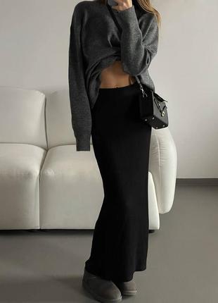 Длинная юбка из ангоры в рубчик свободного кроя юбка на резинке макси теплая стильная базовая черная розовая бежевая2 фото