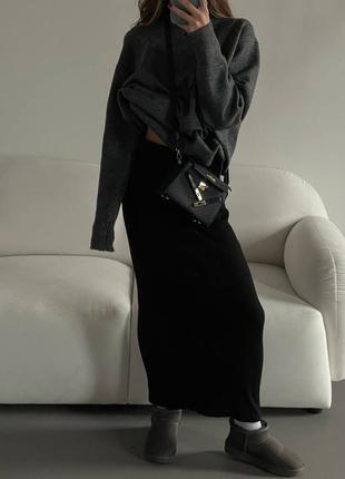 Длинная юбка из ангоры в рубчик свободного кроя юбка на резинке макси теплая стильная базовая черная розовая бежевая5 фото
