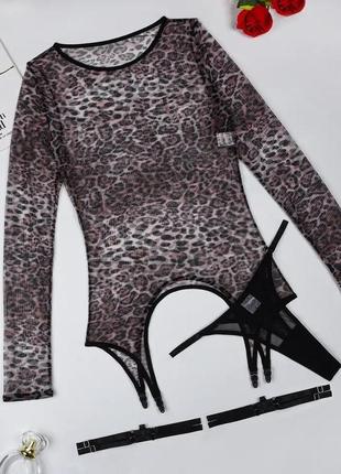 Набор, комплект нижнего белья леопардовый,сетка,кофта и трусики с гартерами8 фото