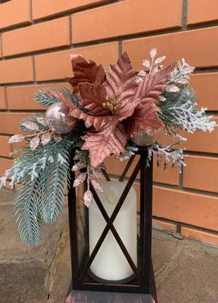 Цветок новогодняя пуансетия на прищепке бархатистая персиковая2 фото