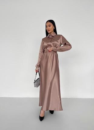 Атласное платье рубашка макси