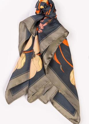 Головной 🔹шейный сатиновый платок  принт флора(70 см на 70  см)6 фото