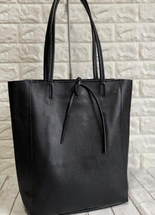 Італійська шкіряна сумка шопер чорна велика1 фото