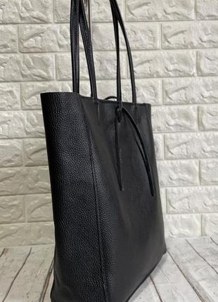 Італійська шкіряна сумка шопер чорна велика2 фото