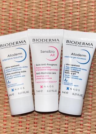 Набор биодерма - bioderma atoderm intensive baume, крем для лица sensibio ar anti-redness care, очищающий гель atoderm intensive gel moussant1 фото