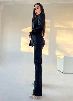 Костюм женский однонтонный оверсайз пиджак с поясом брюки на высокой посадке качественный, стильный базовый черный молочный5 фото