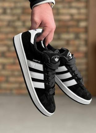 Зимние кроссовки adidas campus black white winter мех
