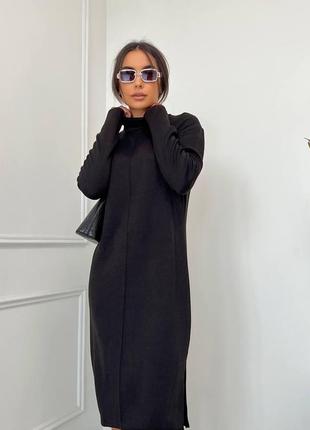 Теплое прямое женское платье с ангоры под горло длинным рукавом ниже колен миди  размер 40 42 44 46 черное2 фото