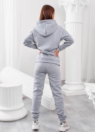 Модный теплый женский костюм прогулочный комплект худи и штаны с начесом больших размеров 48-50 52-54 серый4 фото