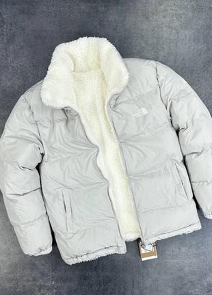 Чоловіча зимова куртка на хутрі the north face grey двосторонній пуховик сірий з білим