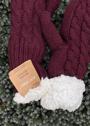 Just cozy стильні в’язані теплі рукавички варежки бордо3 фото