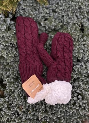 Just cozy стильні в’язані теплі рукавички варежки бордо2 фото
