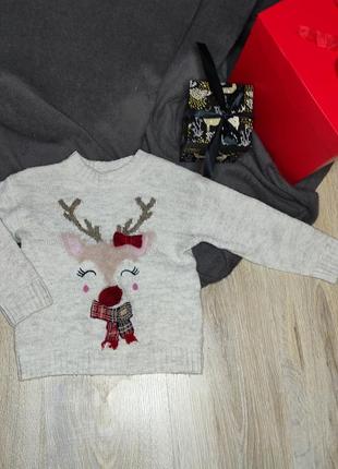 Новогодний теплый мирер, свитер, свитшот джемпер кофта с оленем на новый год на девочку 3-4 года